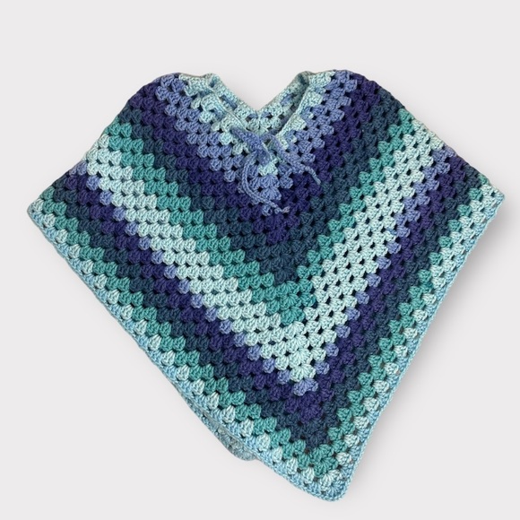 Vintage Boho Blue Knit Poncho - Picture 3 of 6